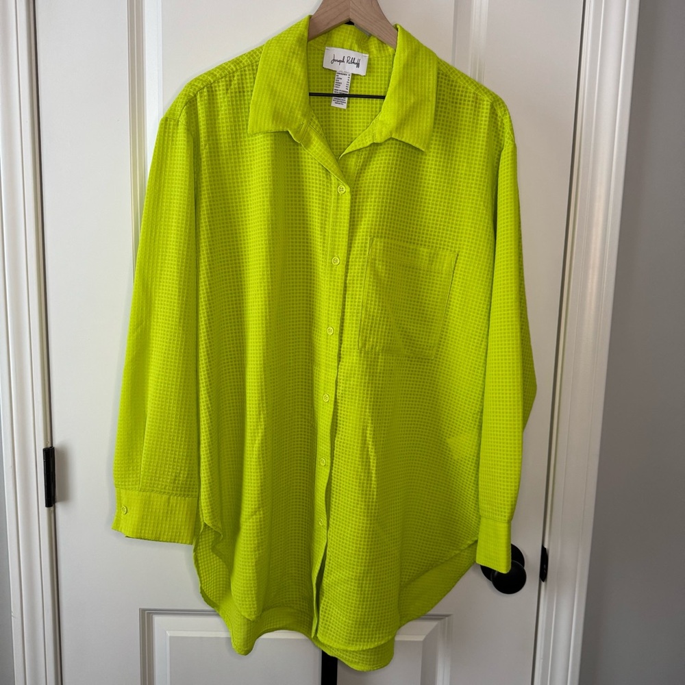 Joseph Ribkoff Blouse Size 12 NWOT Neon Yellow Textured Button Down Top